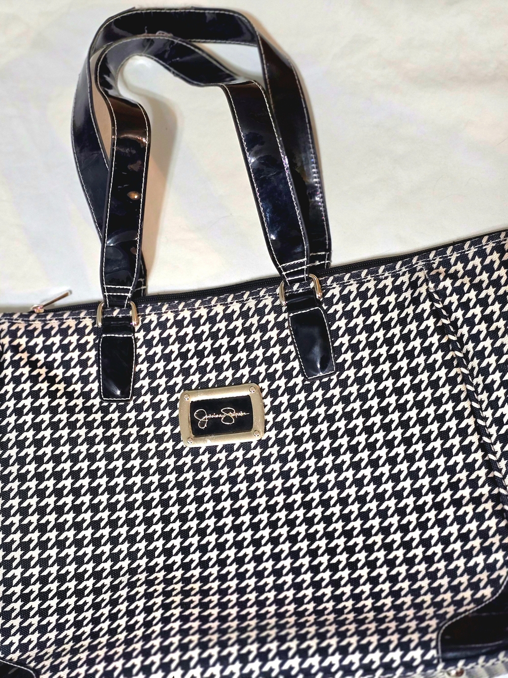 Jessica Simpson Black and White Houndstooth Laptop Tote with Patent Trim
